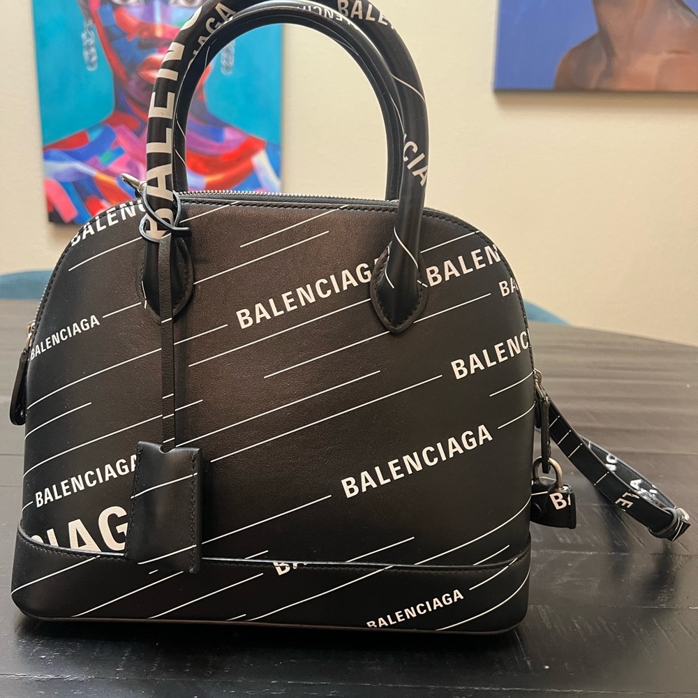 Balenciaga Black and White Logo Satchel
